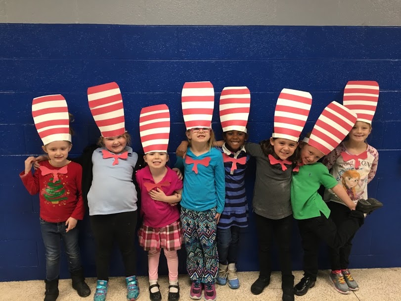 Kindergarten kids in Dr Seuss hats
