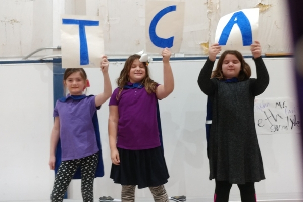 Three girls holding signs during basketball game